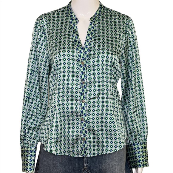 Zara Women Size M Blouse Collarless Long Sleeve Shirt Blue Green Geometric New - Picture 5 of 13